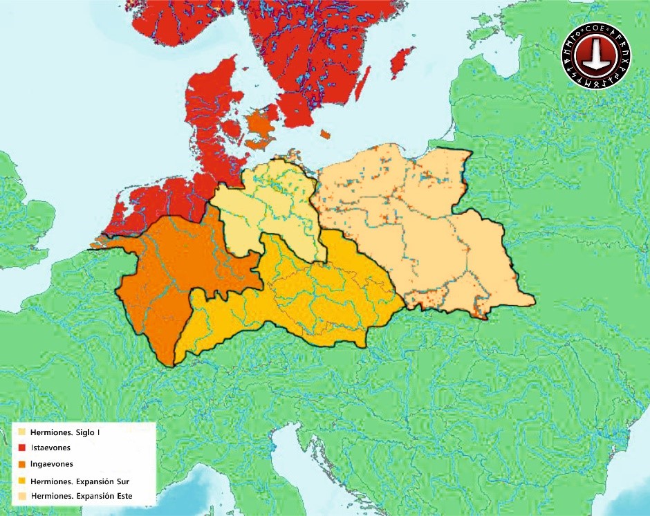 Este mapa muestra la ubicación aproximada de las principales tribus germánicas en Europa, como se menciona en el trabajo de Tácito, la Germania.